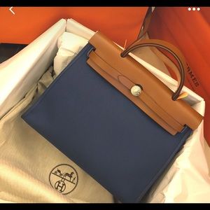 Herbag 30 Blue Camel Canvas Leather Satchel